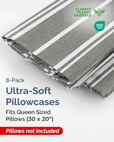 Queen Pillow Cases - 8 Pack Pillowcase Covers - 20" x 30" (Grey Stripes) - Image 2