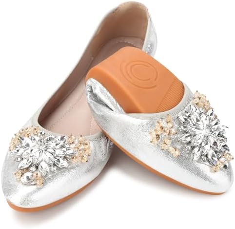 KUNWFNIX Women Ballet Flats Rhinestone Wedding Ballerina Shoes Foldable Sparkly Comfort Slip on Flat Shoes by KUNWFNIX
