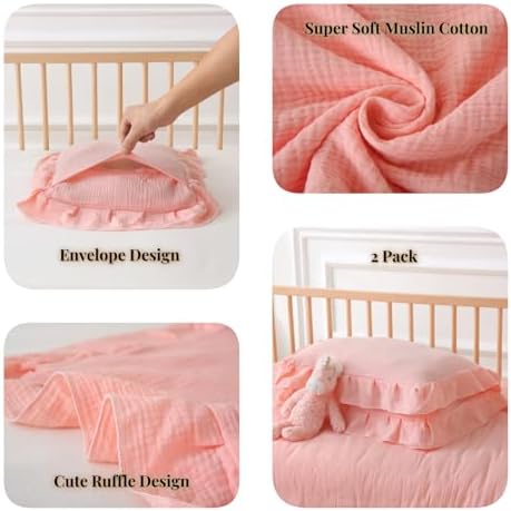 100% Cotton Muslin Toddler Pillowcase 2 Pack，13"x 18" Ultra Soft Breathable Travel Pillow Case Cover,Ruffle Pillow Case for Newborn,Nursery,Boys,Girls,Machine Washable - Image 6