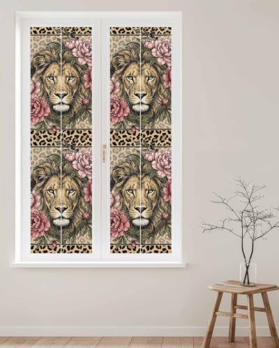 Window Privacy Film Frosted, Lion Print Reusable Static Cling Window Tints, Vintage Peony Flower Chic Wild Animals Texture Heat Control Windows Films for Offices, Balcony, 29.5 x 118 Inches - Image 2