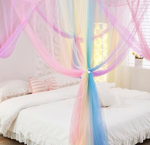 Mengersi Rainbow Bed Canopy with Lights, Square Bed Curtains - Full to King Size, Blue - Image 6