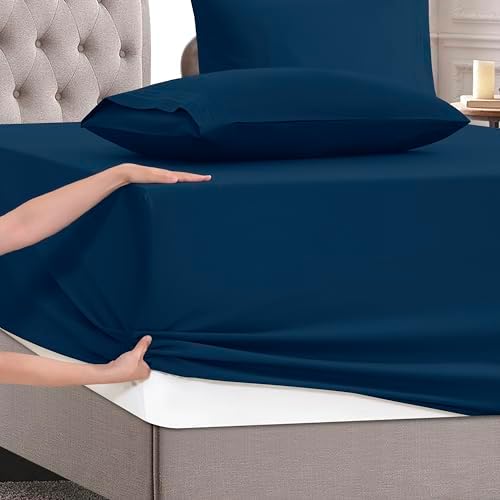 Mocassi Twin XL Size 4-Piece Bed Sheet Set - 1800 Premium Hotel Quality Microfiber 18-24 Inches Extra Deep Pocket Fitted Sheet- Luxury Soft, Breathable, Wrinkle, and Fade Resistant, Navy Blue - Image 5