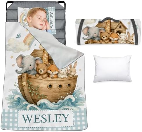 Personalized Toddler Nap Mat for Boys, Custom Name Kids Sleeping Mat for Preschool, Daycare Cot Nap Mat with Corner Straps, Roll-Up Slumber Mat with Soft Blanket & Pillow by YISMEET