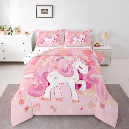 Erosebridal Unicorn Bedding Set for Girls King Kawaii Rainbow Unicorn Comforter Set Unicorn Bedroom Decor for Girls Kids Cartoon Horse Duvet Set Ombre Unicorn Stars Quilt Comforter Pink 3 Pcs by Erosebridal