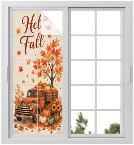Window Privacy Film Frosted, Thanksgiving Fall Static Cling Door Window Covering, Orange Car Pumpkin Maple Leaves Tree UV Blocking Windows Film for Office, Hotel, Bedroom, 29.5 x 78.7 Inches by Unknown