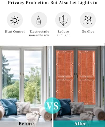 Window Privacy Film Frosted, Burnt Orange Botanical Reusable Static Cling Window Tints, Vintage Florals Geometric Minimalist Heat Control Windows Films for Offices, Balcony, 29.5 x 118 Inches - Image 6