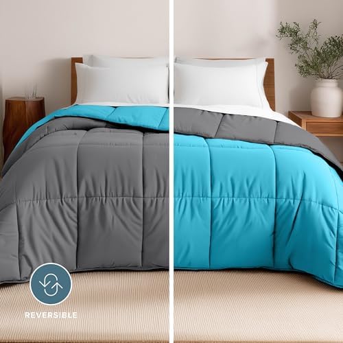 Bare Home Reversible Comforter (Queen, Grey/Aqua) - Image 2