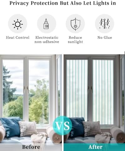 Window Privacy Film Frosted, Teal Green Lines Reusable Static Cling Window Tints, Modern Vertical Striped Vintage Minimalist Heat Control Windows Films for Offices, Balcony, 29.5 x 118 Inches - Image 6