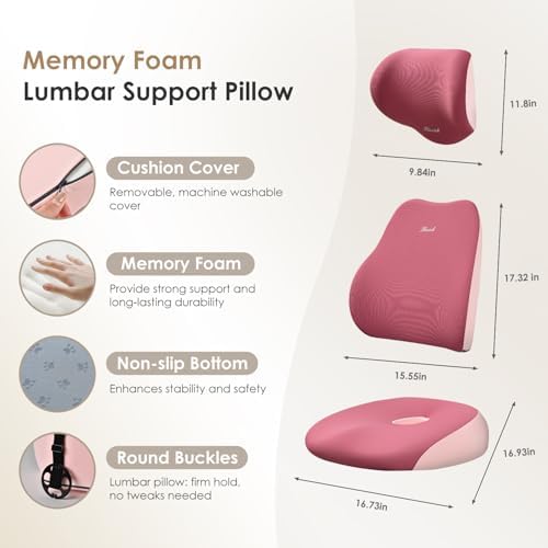 FLORICH Car Seat Cushion & Lumbar Support Pillow & Car Neck Pillow, Ergonomic Memory Foam Driving Seat Cushion for Back & Sciatica Pain Relief, Non-Slip Washable Cushion for Car, Driver, Office-Pink - Image 3