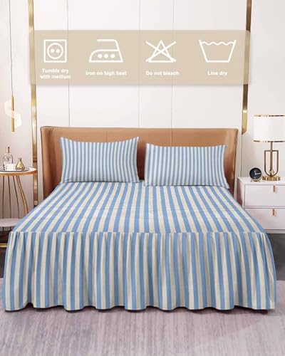 Blue Striped Bed Skirts for Cal King Bed 18 Inches Drop, Wrap Around Bedskirt Dust Ruffle Pleated Bedspread Modern Simple Farmhouse Beige Vintage Fitted Sheet with 2 Decorative Pillowcase 36"x20" - Image 2