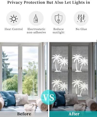 Window Privacy Film Frosted, Black Grey Palm Trees Reusable Static Cling Window Tints, Summer Coastal Tropical Botanical Heat Control Windows Films for Offices, Balcony, 29.5 x 118 Inches - Image 6