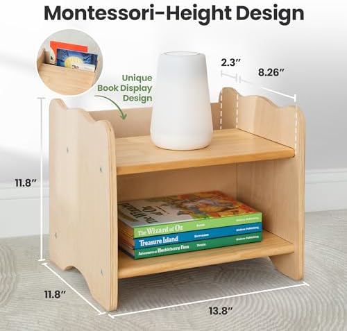 Ocodile Kids Nightstand for Floor Beds, Solid Wood Small Bedside Table with Book Pocket, Low Tiny Nightstand for Nursery, Toddler & Kids Room, Montessori Style Side Table - Varnished - Image 2