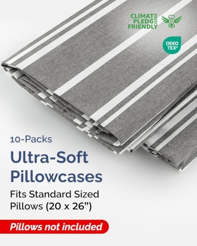Standard Pillow Cases - 10 Pack Pillowcase Covers, 20" x 26" - Grey Stripes - Image 2