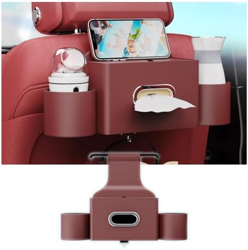 Seat Back Organizer, Full Leather Cover Tissue Case Headrest Storage Box with 2 Cup Holders and Hook Multi-functional Durable Back Seat Storage Tool for Family Travel and Kids Care Red by KLAKEY