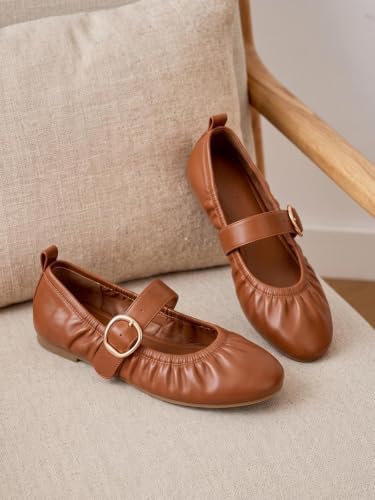 Coutgo Womens Ballet Flats Ruched Round Toe Mary Jane Flats Comfortable Slip On Dressy Shoes - Image 3