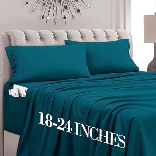 Mocassi Queen Size 4-Piece Bed Sheet Set - 1800 Premium Hotel Quality Microfiber 18-24 Inches Extra Deep Pocket Fitted Sheet- Luxury Soft, Breathable, Wrinkle, and Fade Resistant, Marine Blue by MocassiLuxuryBedding