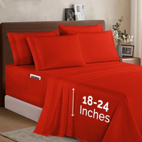 Elegant Comfort 1500 Premium Quality 6-Piece Bed Sheet Set - 18-24 Inch Extra Deep Pocket, Smart Storage Pockets, Wrinkle Free Ultra Soft 6PC Extra Deep Pocket Sheets, Queen, Red - Image 2