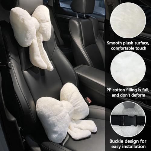 LYFJMUS 4 Pack Plush Bow Car Headrest Pillow and Lumbar Support Pillow Soft Butterfly Car Neck Pillows for Driving Cars Decor - Image 3