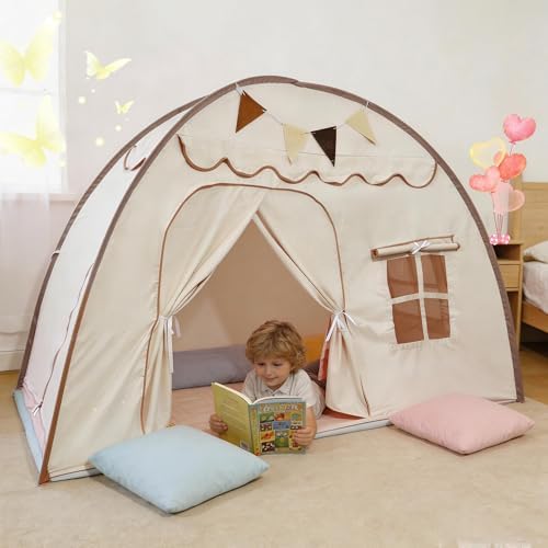 Full Size Bed Canopy for Kids, Indoor Kids Privacy Play Tent, Blackout Sleeping Bed Tents, Portable & Foldable Floor Bed Tents, Cream - Image 7
