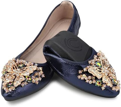 KUNWFNIX Women Ballet Flats Rhinestone Wedding Ballerina Shoes Foldable Sparkly Comfort Slip on Flat Shoes by KUNWFNIX