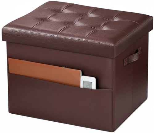 Bsketa Storage Ottoman Bench,17 Inch Folding Leather Foot Rest Stool, Brown by Bsketa