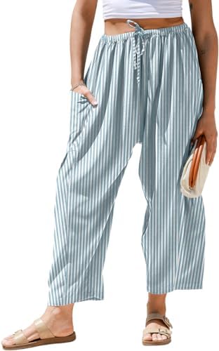 TARSE Womens Linen Wide Leg Striped Pants Casual Barrel Palazzo Harem Pants by TARSE