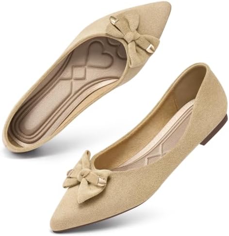 Flats for Women Ballet Shoes: Cushioned Memory Foam Insole & Lightweight for All-Day Comfort - Slip-On Suede Foldable Pointed Toe Bow Casual Dressy Flat for Work Office Business by Zorfe