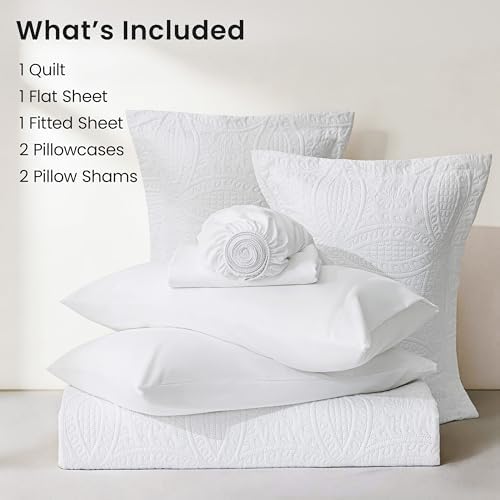 Love's cabin Queen Quilt Set White, Bed in a Bag Queen Size Bedding 7 Pieces, Ultrasonic Embossed Coin Pattern Comforter, Lightweight Bedspreads for All Seasons Quilt with Sheets, Pillowcases & Shams - Image 7