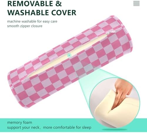 Checkered Pink Neck Roll Pillow Bolster Round Health Memory Foam Long Cervical Cylinder Pillows with Removable Washable Cover for Body Bed Legs Back Yoga - Image 4