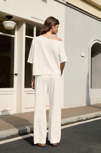 Ythomm Striped Pajama Sets Womens Two Piece Lounge Outfits Short Sleeve Off Shoulder Shirts Drawstring Pants Matching Pj Sets - Image 3