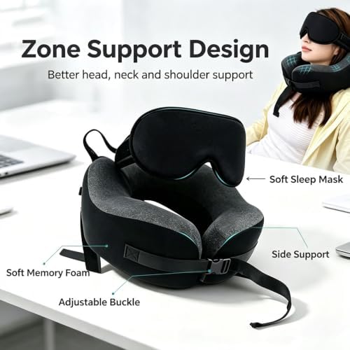 Travel Pillow for Airplane - Neck Pillow with 3D Sleep Mask for Long Flights 360° Head Chin Support Premium Memory Foam Adjustable Buckle Travel Essential - Image 3