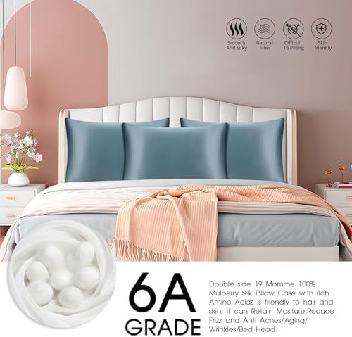 100% Mulberry Silk Pillowcase with Hidden Zipper,Both Sides Pure Silk Breathable Pillow Case for Hair and Skin,19 Momme Grade 6A,1pc,Ash Blue,Queen Size 20x30 Inches - Image 4