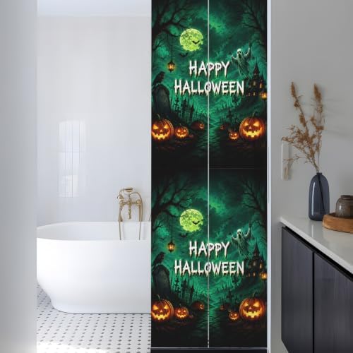 Window Privacy Film Frosted, Halloween Reusable Static Cling Window Tints, Green Spooky Pumpkin Ghost Moonlight Castle Heat Control Windows Films for Offices, Balcony, 29.5 x 118 Inches - Image 3