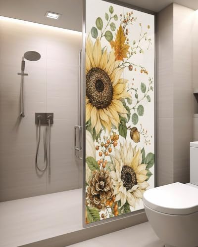Window Privacy Film Frosted, Pumpkins Sunflower Fall Static Cling Door Window Covering, Thanksgiving Botanical Rustic UV Blocking Windows Film for Office, Hotel, Bedroom, 29.5 x 78.7 Inches - Image 3