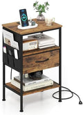 KOMFOTT Nightstand with Charging Station, 24.5" Modern Bedside Table with Fabric Drawer, Open Shelf & Side Pocket, End Table with 2 AC Outlets, USB and Type-C Port for Bedroom (Rustic Brown,1) by KOMFOTT