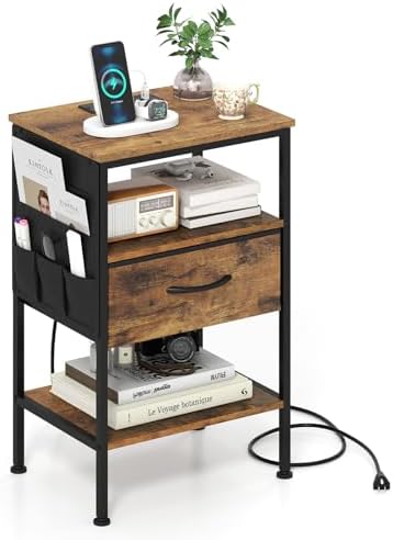 KOMFOTT Nightstand with Charging Station, 24.5" Modern Bedside Table with Fabric Drawer, Open Shelf & Side Pocket, End Table with 2 AC Outlets, USB and Type-C Port for Bedroom (Rustic Brown,1) by KOMFOTT
