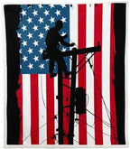 Lineman Blanket American Flag Sherpa Blanket Red and Blue Grunge Stripes Throw Blanket for Boys Men Teens Soft Fleece Blanket Electrician Lineman Silhouette Print Fuzzy Blanket Father's Day 90”x90” by Erosebridal