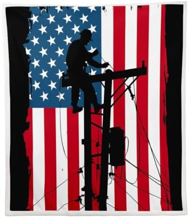 Lineman Blanket American Flag Sherpa Blanket Red and Blue Grunge Stripes Throw Blanket for Boys Men Teens Soft Fleece Blanket Electrician Lineman Silhouette Print Fuzzy Blanket Father's Day 60”x80” by Erosebridal