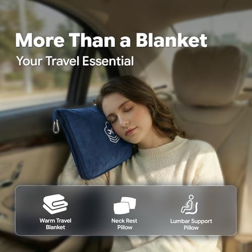 Travel Blanket, Soft 2-in-1 Airplane Blanket, Light Grey, Navy Blue, Peachy Pink, Travel Essentials Car Blanket with Luggage Sleeve & Backpack Clip - Image 6