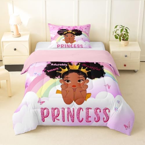Erosebridal Black Girls Toddler Bedding Set Rainbow Princess Magical Comforter Set for Nursery Kids African American Quilt Black Princess Girl Duvet Insert Pretty Little Girls Inspirational Bed Set by Erosebridal
