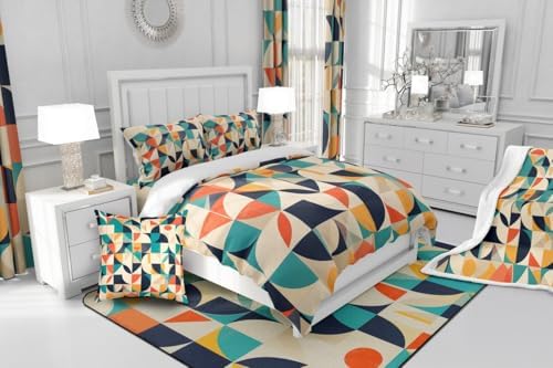 Erosebridal Teal Orange Geometric Toddler Bedding Set,Retro Abstract Aesthetic Comforter Set for Kids Room Decor,Colorful Quilt Bed Set Boho Style Down Comforter 2Pcs - Image 6