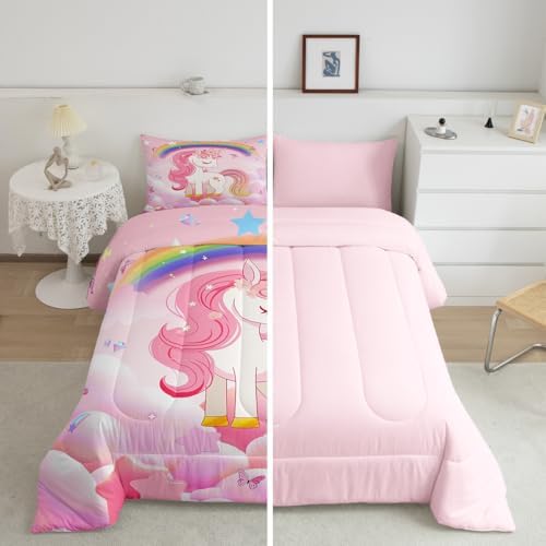 Erosebridal Unicorn Girls Bedding Set Toddler Size Cute Rainbow Unicorn Comforter Set Kids Cartoon Kawaii Cute Duvet Set Pink Unicorn Quilt Stars Fantasy Girls Room Decor Teens Children Reversible - Image 3