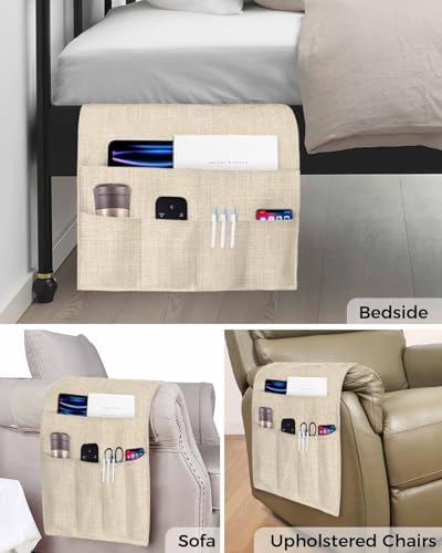Sofa Armrest Organizer Bedside Caddy, Vintage Cream Non Slip Couch Remote Control Holder for Recliner, Farmhouse Retro Beige Solid Color Armchair Caddy with Pocket for Magazine, Phone, 19.7"x35" - Image 5