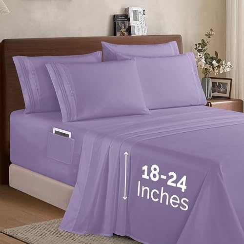 Elegant Comfort 1500 Premium Quality 6-Piece Bed Sheet Set - 18-24 Inch Extra Deep Pocket, Smart Storage Pockets, Wrinkle Free Ultra Soft 6PC Extra Deep Pocket Sheets, King, Lavender - Image 2