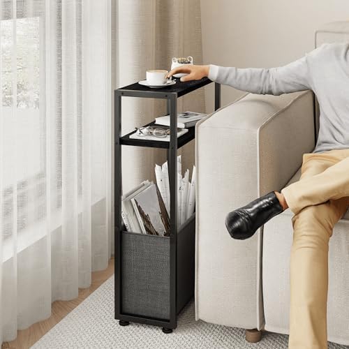 Leomonio Narrow Side Table, Slim End Tables with Fabric Basket, Skinny Table for Small Spaces, Thin Bedside Table for Living Room, Bedroom (1, Ebony Black + Slate Gray) - Image 5