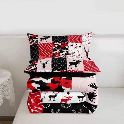 Erosebridal Boys Camo Comforter Set, Deer Silhouette Bedding Set King for Kids Teens Adult, Black White Red Camouflage Quilted Comforter Antlers Grid Checkered Down Comforter with 2 Pillow Cases - Image 7