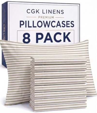 King Pillow Cases - 8 Pack Pillowcase Covers - 20" x 40" (Beige Stripes) by CGKUnlimited
