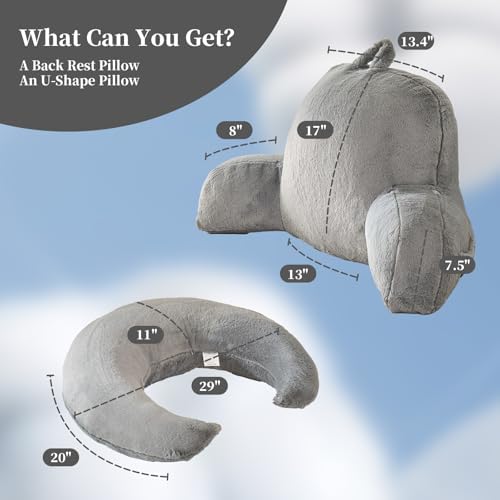 17" Reading Pillow for Bed,U Shaped Arm & Elbow Support,Gray Faux Fur - Image 3