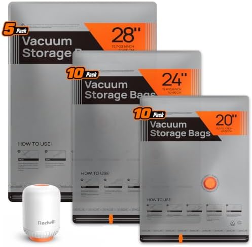 25 Pack Vacuum Storage Bags for Travel with Rechargeable Cordless Pump by RedwillVacuumStorageBags