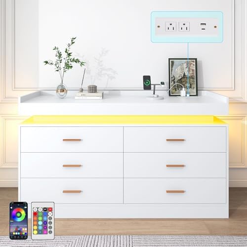 jiteentarou 6 Drawer Dresser with Charging Station and LED Lights, Modern Chest of Drawers with Power Outlet, Organizer Cabinet for Bedroom, Living Room, White - Image 2